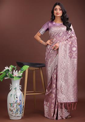 Purple Woven Zari Work Linen Cotton Saree Set
