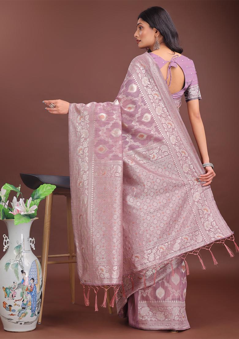 Purple Woven Zari Work Linen Cotton Saree Set