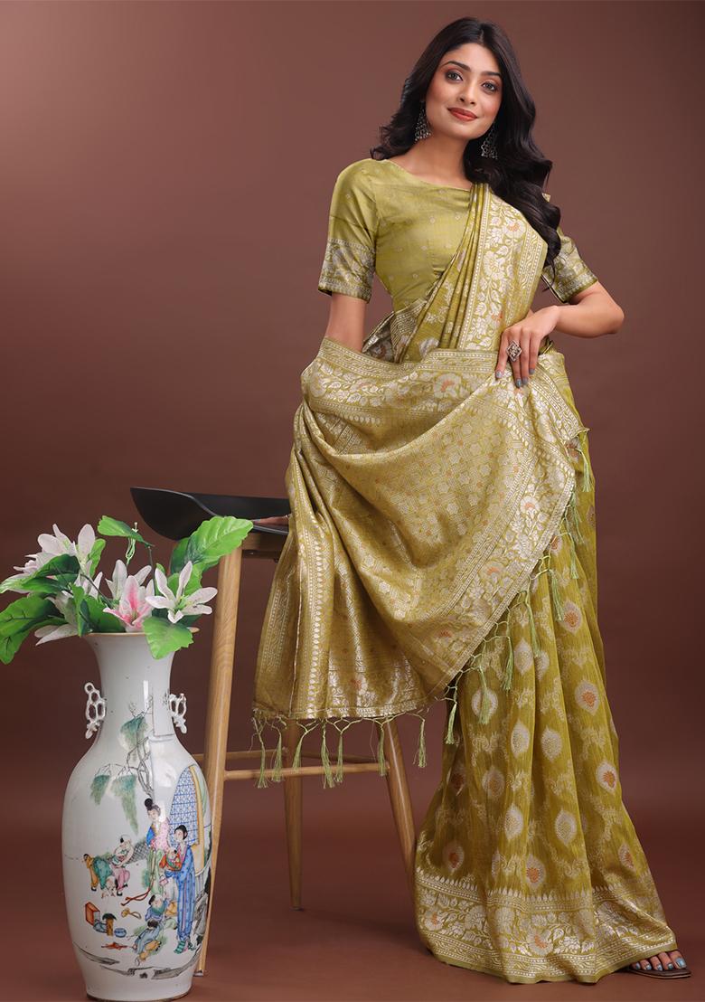 Mustard Yellow Woven Zari Work Linen Cotton Saree Set