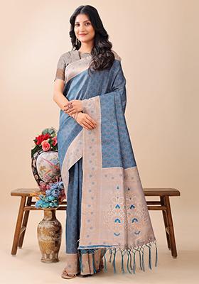 Blue Woven Zari Work Lichi Silk Saree Set