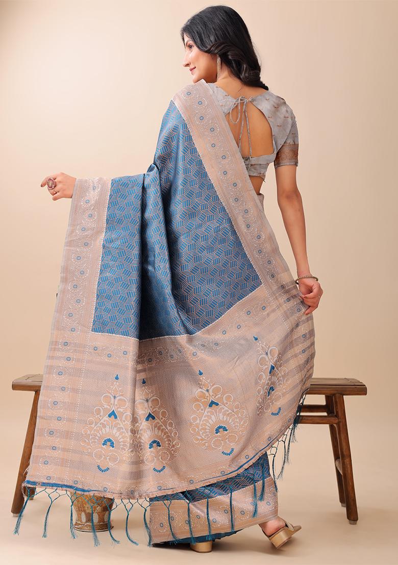 Blue Woven Zari Work Lichi Silk Saree Set