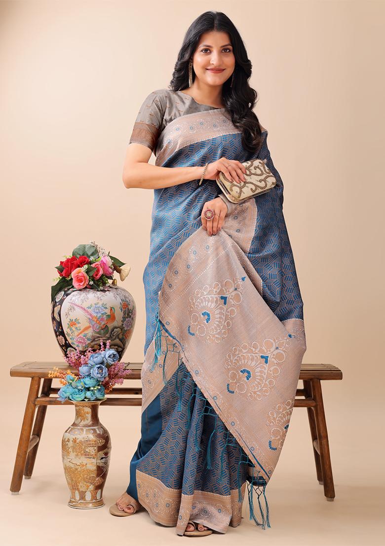 Blue Woven Zari Work Lichi Silk Saree Set