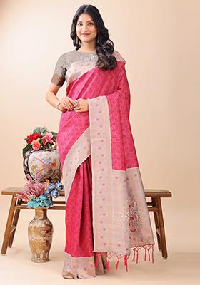 Pink Woven Zari Work Lichi Silk Saree Set