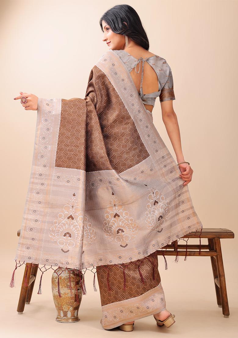 Brown Woven Zari Work Lichi Silk Saree Set