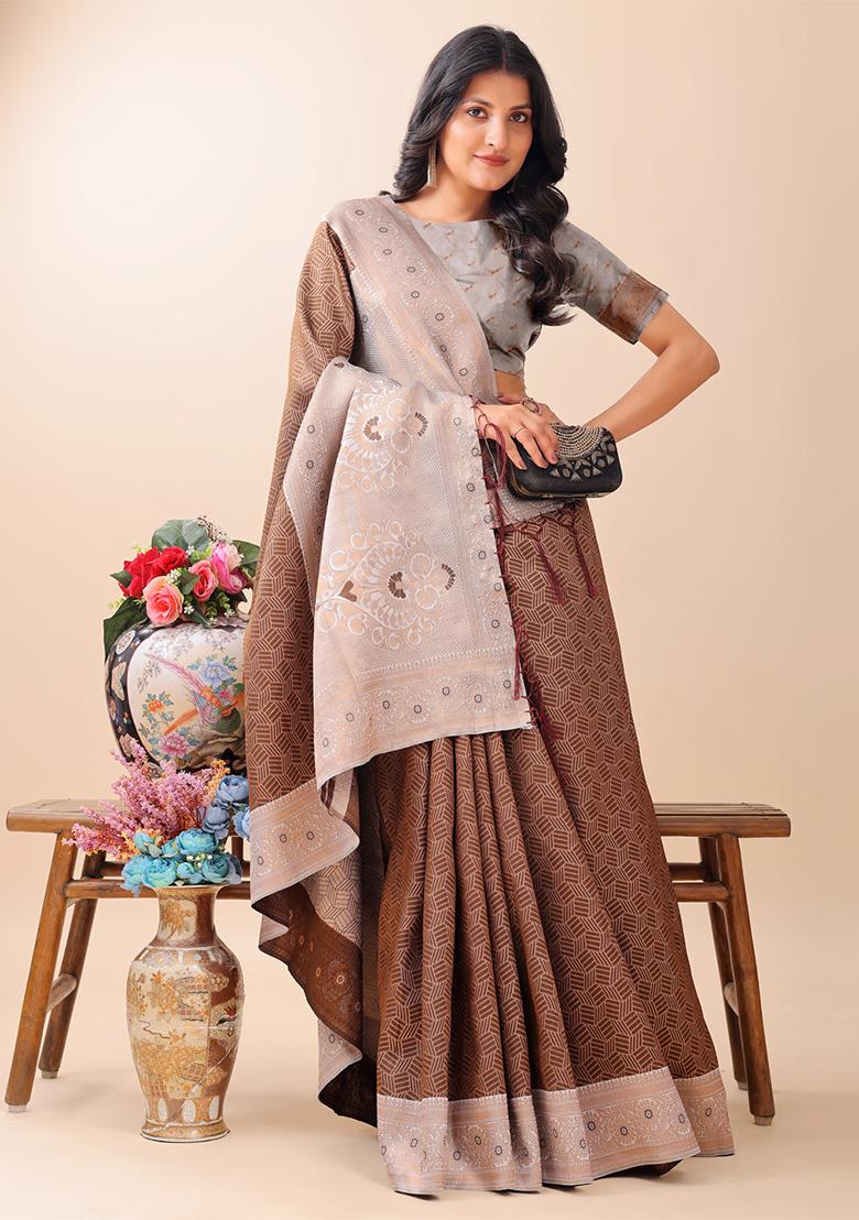 Brown Woven Zari Work Lichi Silk Saree Set