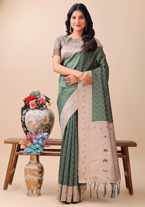 Green Woven Zari Work Lichi Silk Saree Set