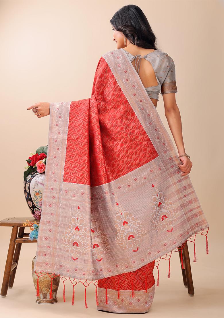 Red Woven Zari Work Lichi Silk Saree Set