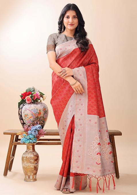 Red Woven Zari Work Lichi Silk Saree Set