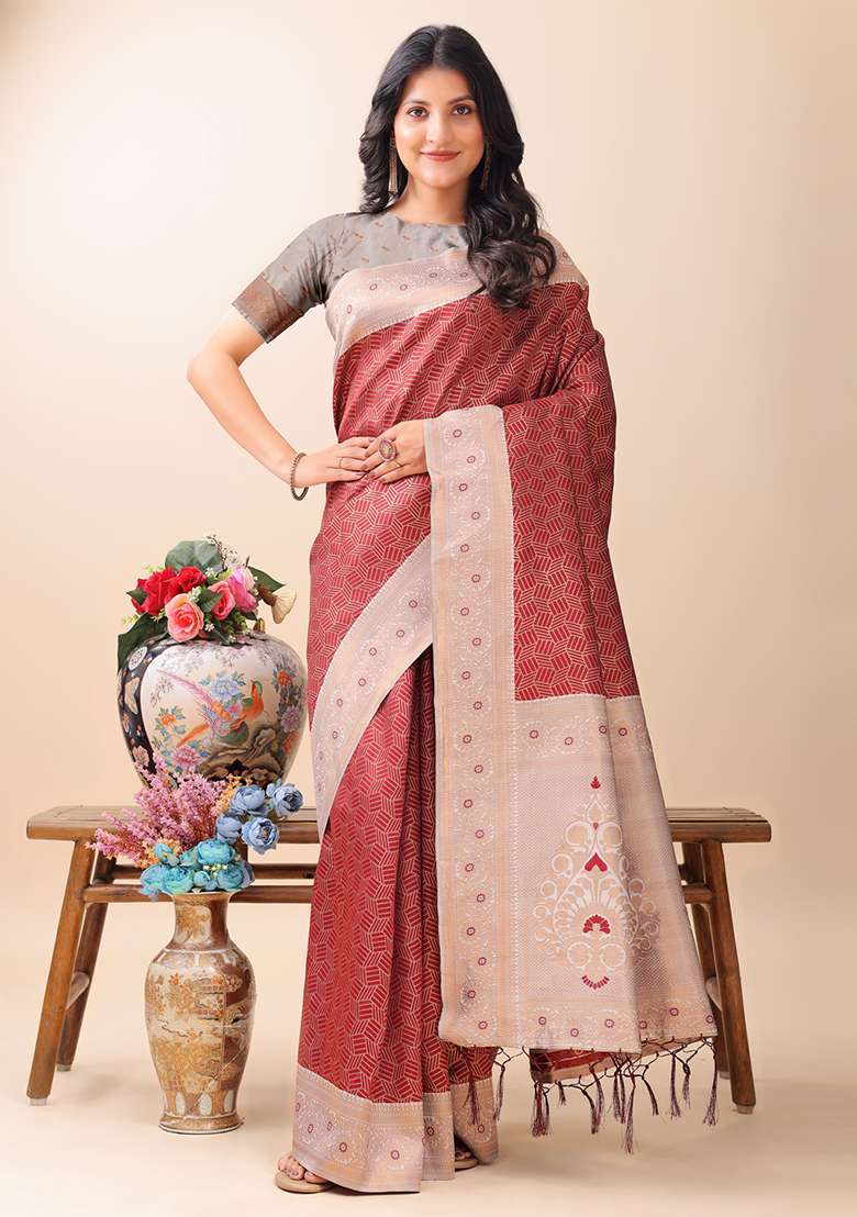 Maroon Woven Zari Work Lichi Silk Saree Set - Indya