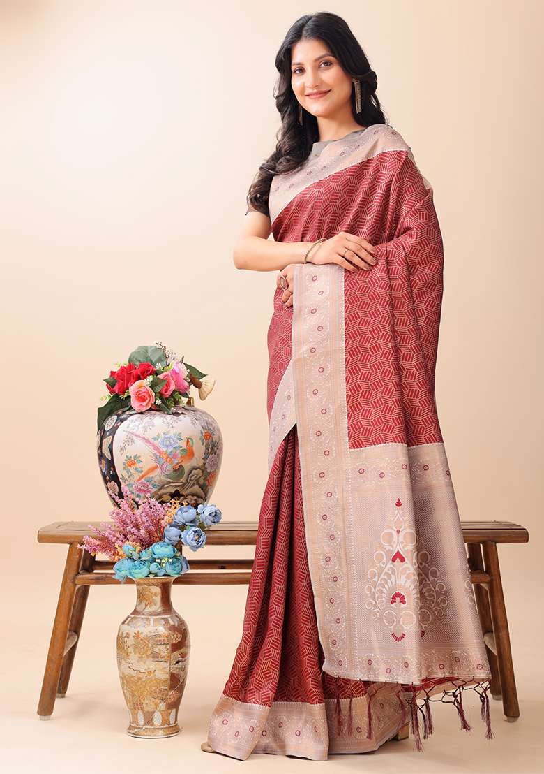 Maroon Woven Zari Work Lichi Silk Saree Set - Indya