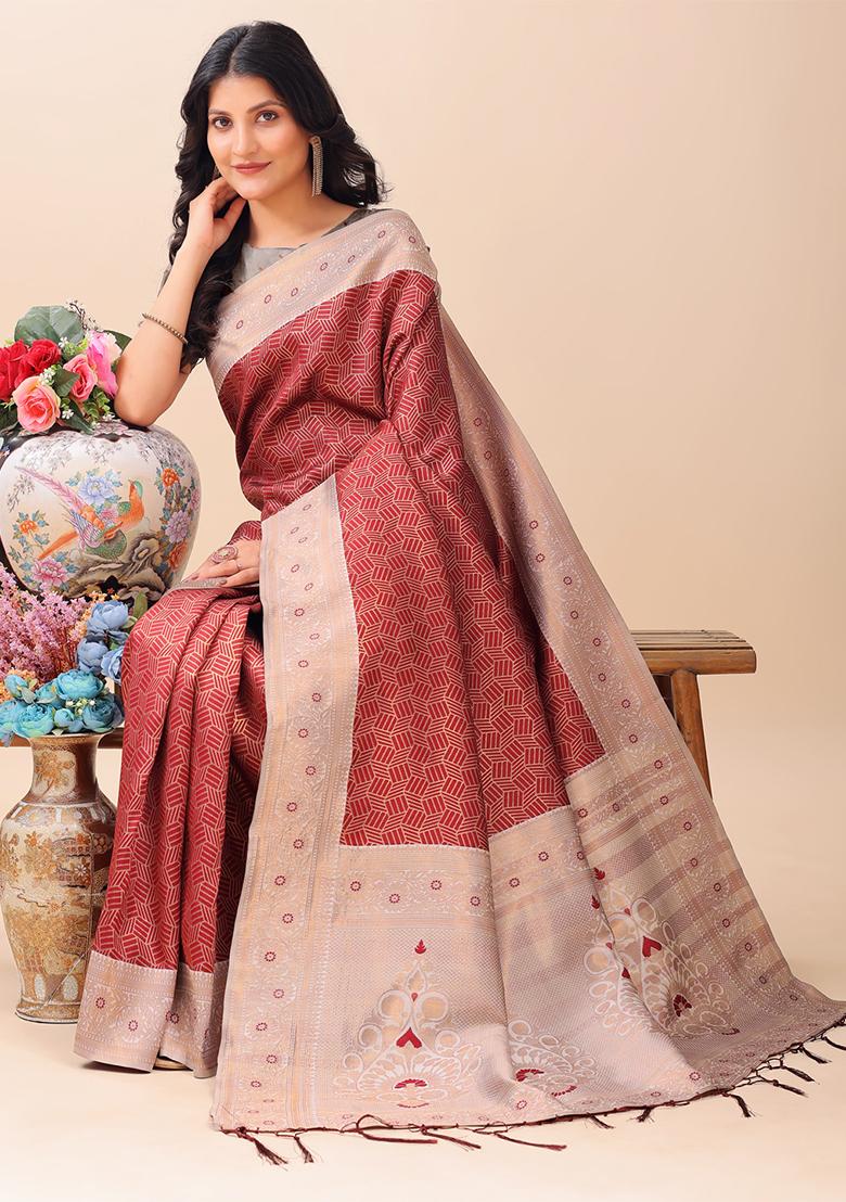 Maroon Woven Zari Work Lichi Silk Saree Set