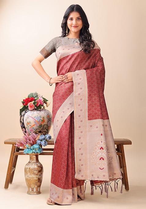 Maroon Woven Zari Work Lichi Silk Saree Set