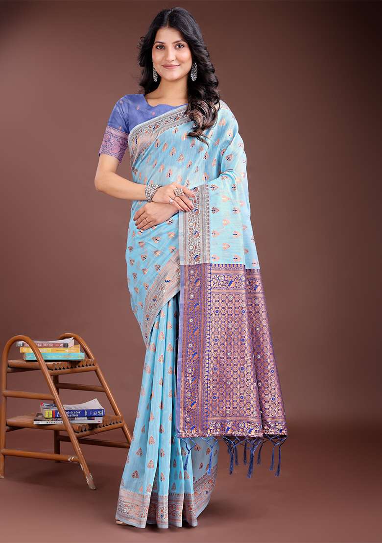 Sky Blue Woven Zari Work Linen Cotton Saree Set - Indya