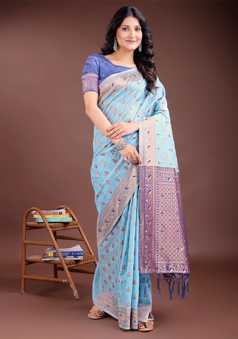 Sky Blue Woven Zari Work Linen Cotton Saree Set - Indya