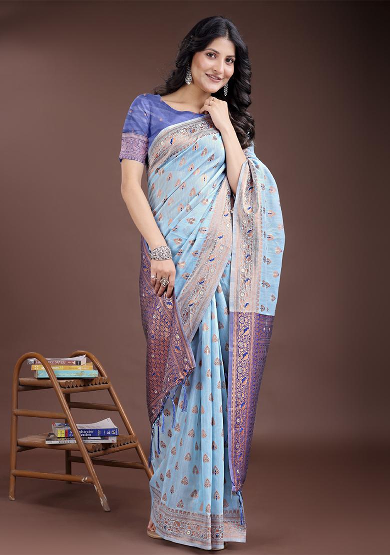 Sky Blue Woven Zari Work Linen Cotton Saree Set
