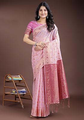 Pink Woven Zari Work Linen Cotton Saree Set