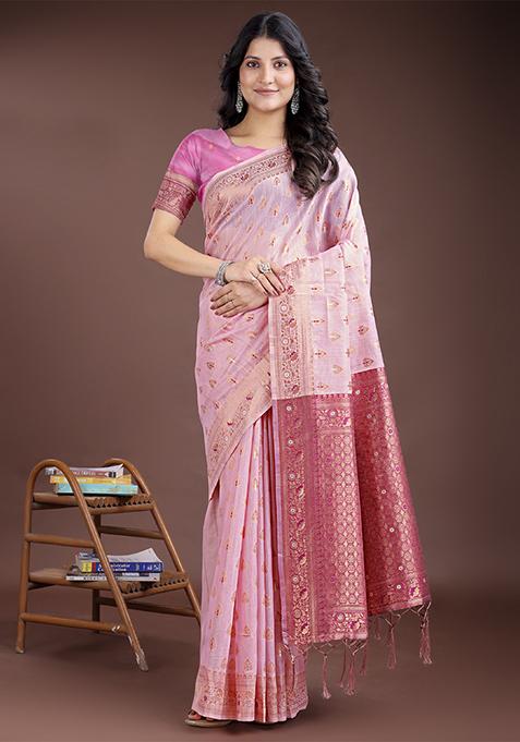 Pink Woven Zari Work Linen Cotton Saree Set