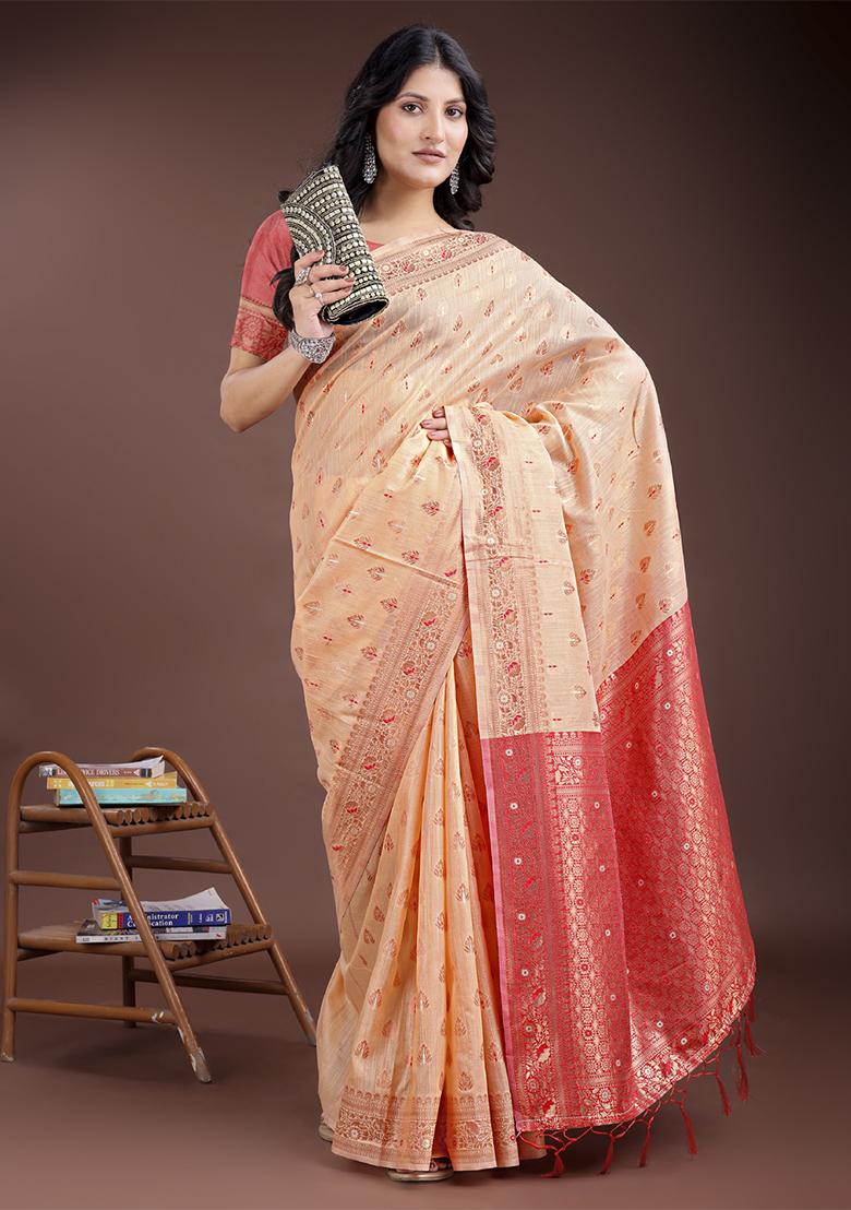 Orange Woven Zari Work Linen Cotton Saree Set