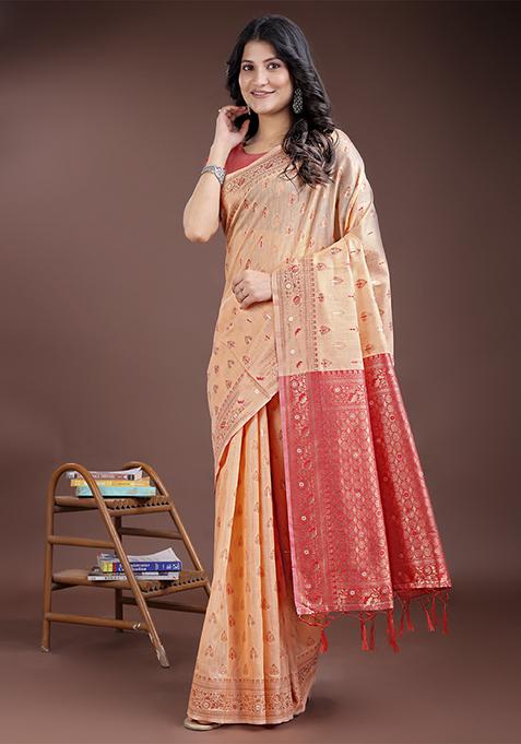 Orange Woven Zari Work Linen Cotton Saree Set