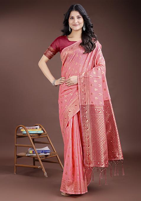 Peach Woven Zari Work Linen Cotton Saree Set