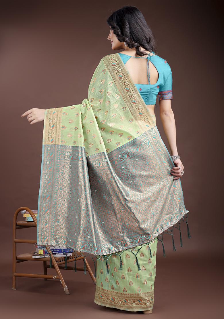 Light Green Woven Zari Work Linen Cotton Saree Set