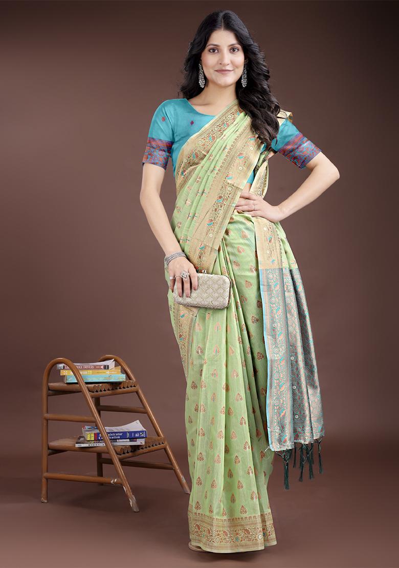 Light Green Woven Zari Work Linen Cotton Saree Set