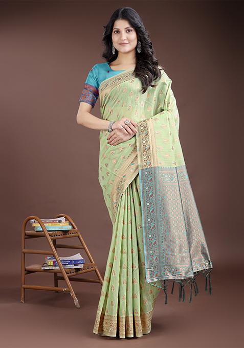 Light Green Woven Zari Work Linen Cotton Saree Set