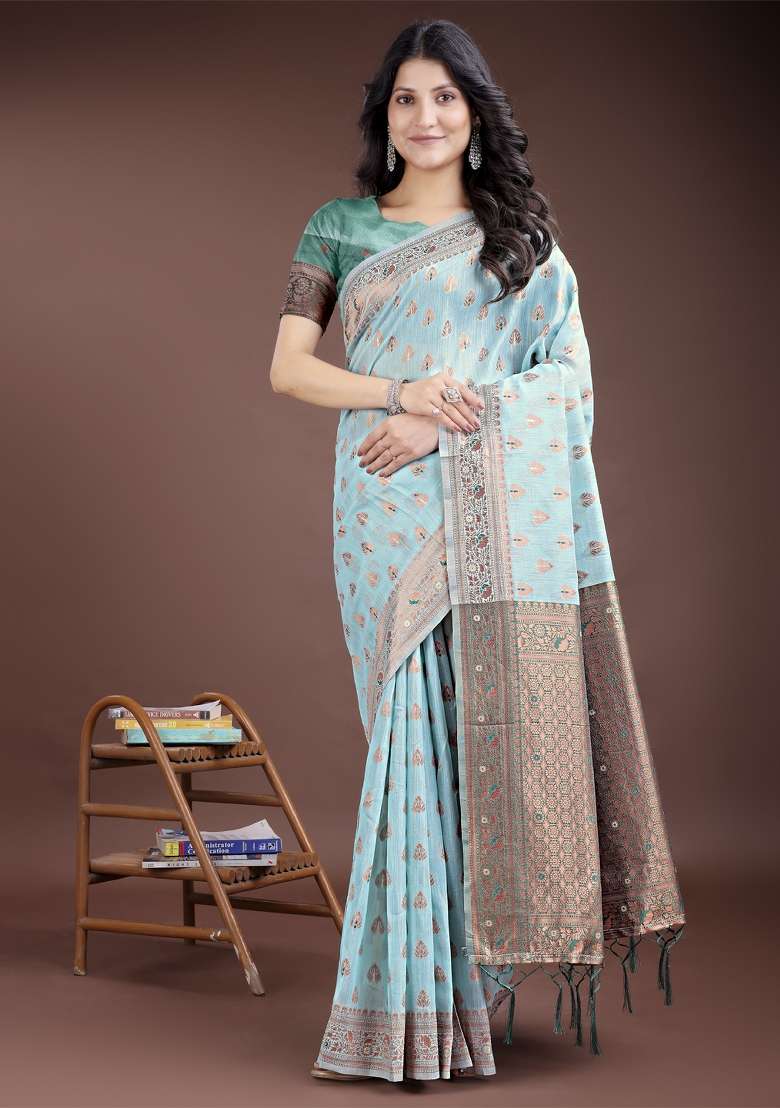 Sea Green Woven Zari Work Linen Cotton Saree Set - Indya