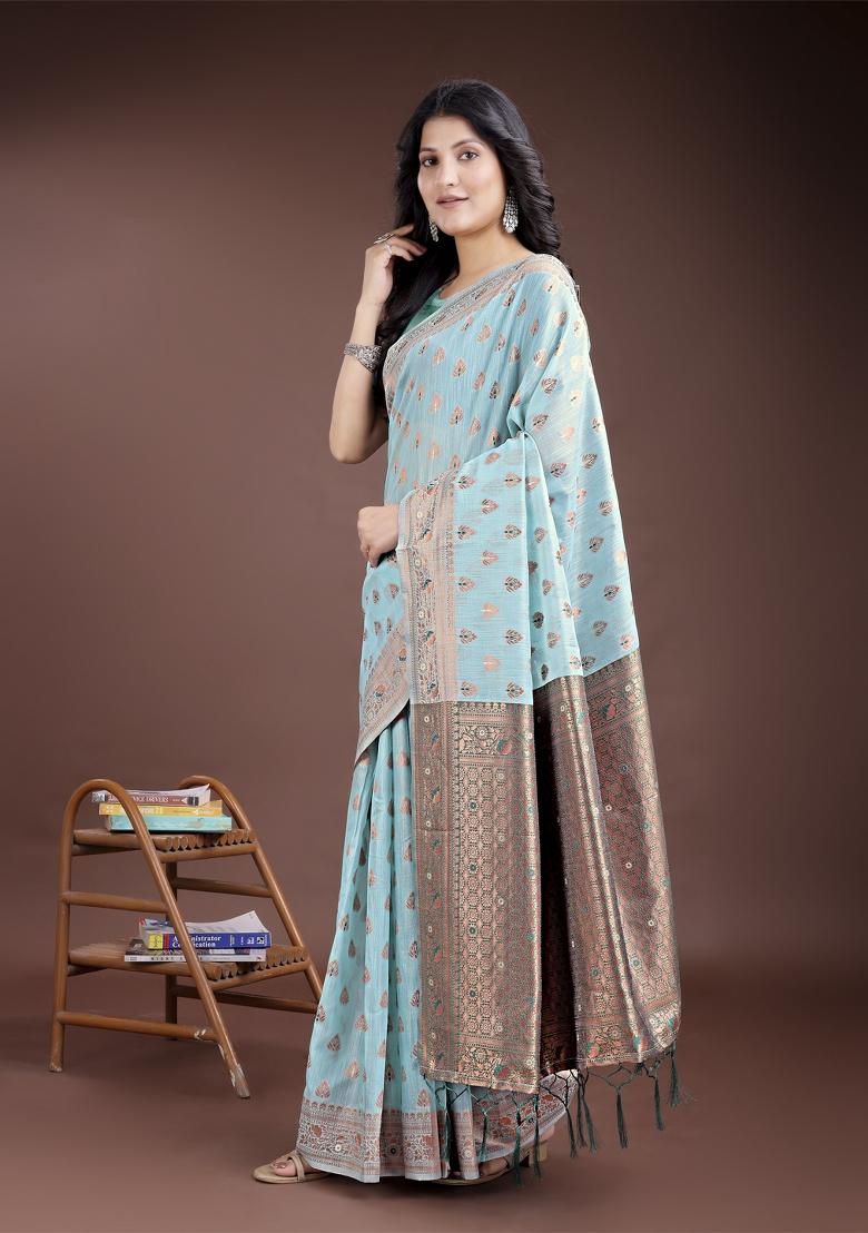 Sea Green Woven Zari Work Linen Cotton Saree Set