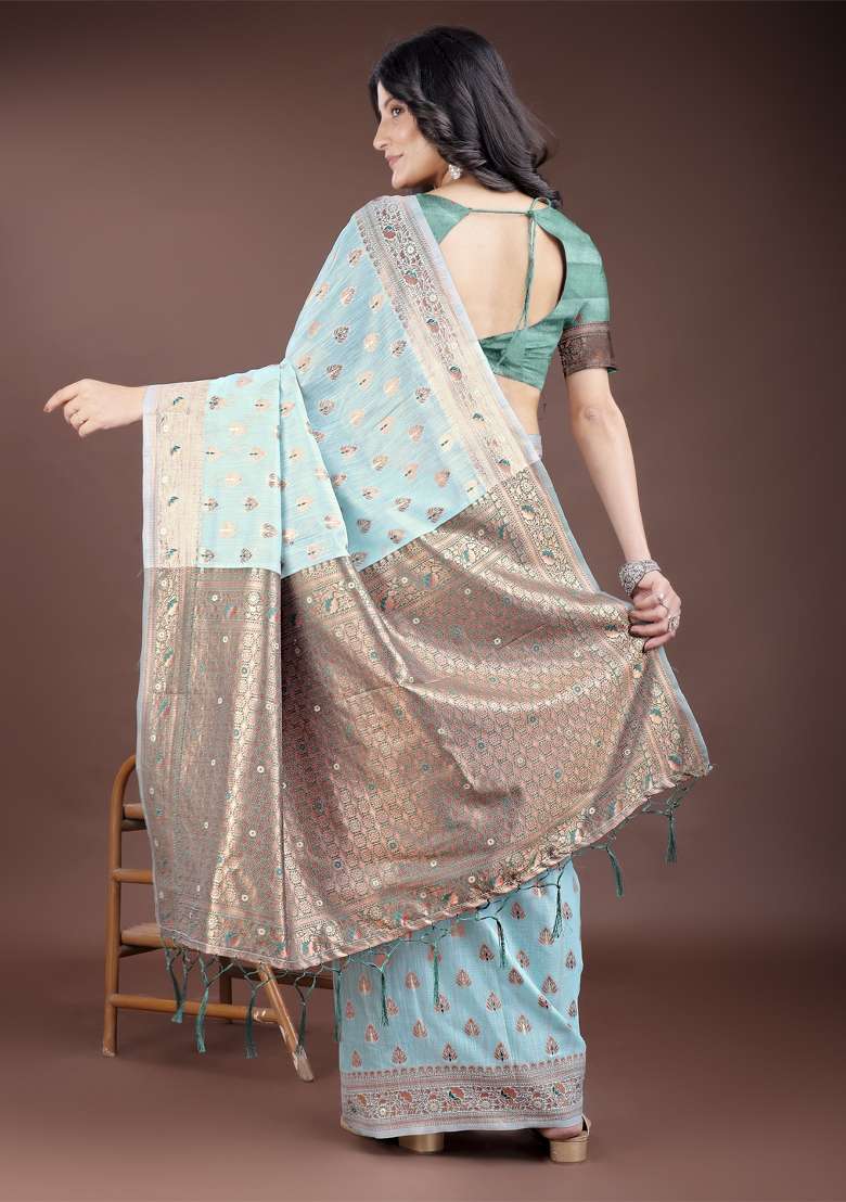 Sea Green Woven Zari Work Linen Cotton Saree Set - Indya