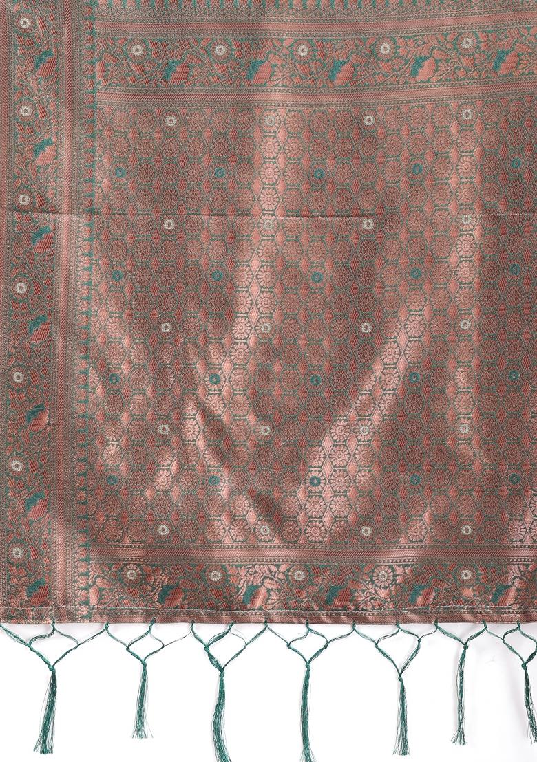 Sea Green Woven Zari Work Linen Cotton Saree Set