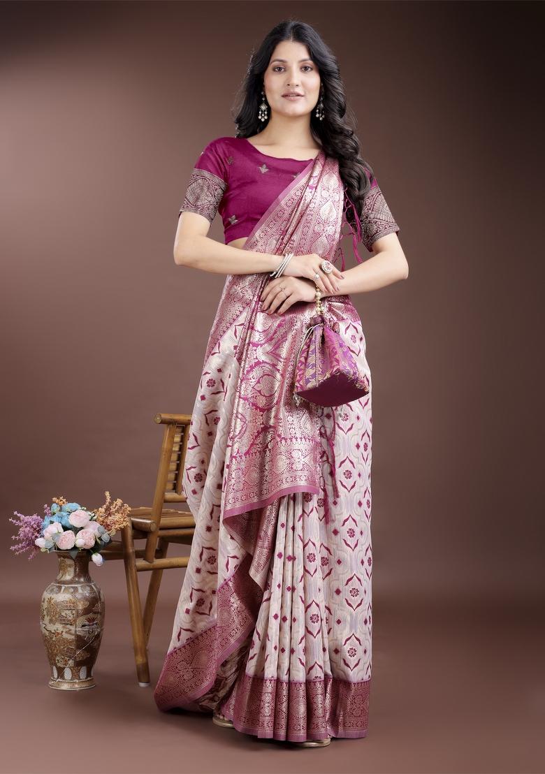 Pink Woven Zari Work Linen Cotton Saree Set