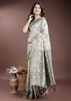 Green Woven Zari Work Linen Cotton Saree Set