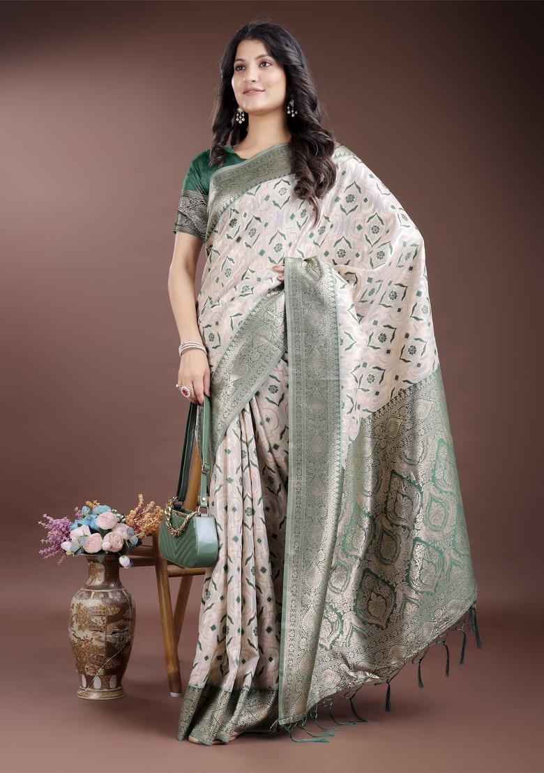 Green Woven Zari Work Linen Cotton Saree Set