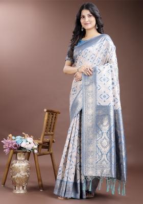 Sky Blue Woven Zari Work Linen Cotton Saree Set