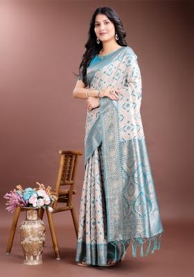 Sea Green Woven Zari Work Linen Cotton Saree Set