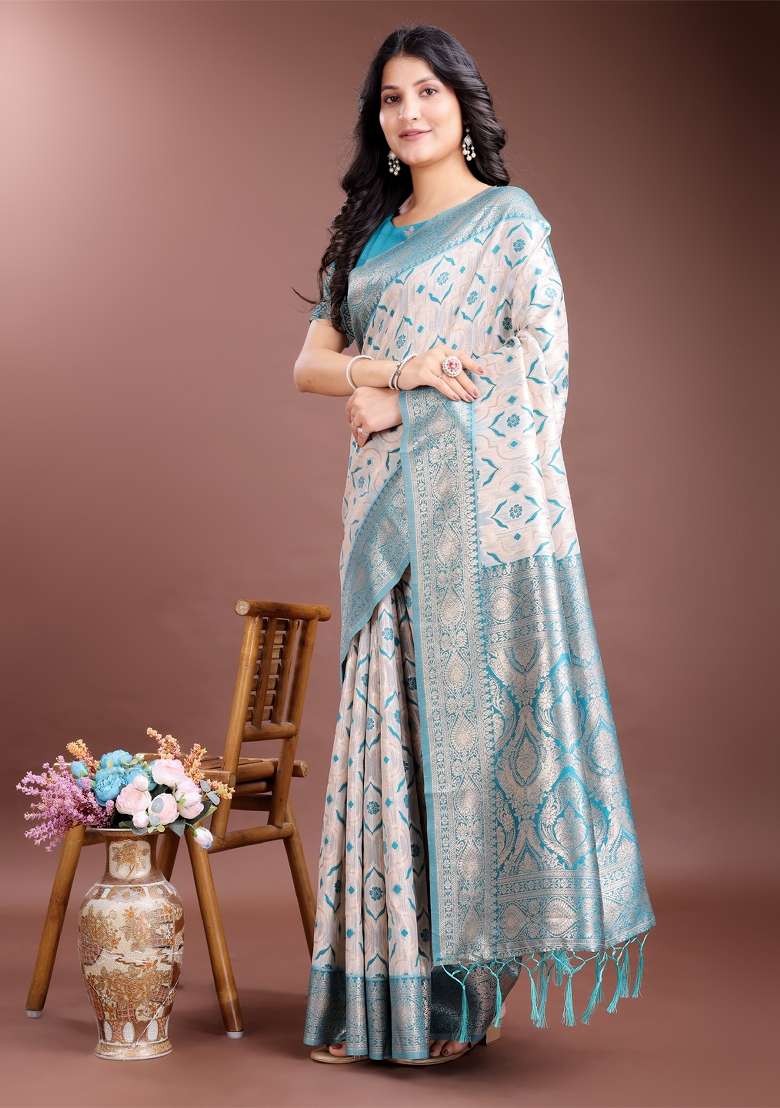 Sea Green Woven Zari Work Linen Cotton Saree Set - Indya