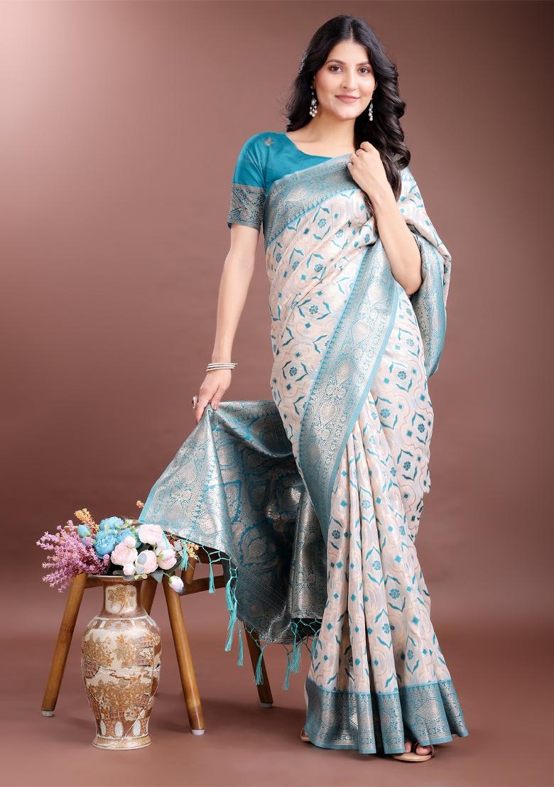 Sea Green Woven Zari Work Linen Cotton Saree Set