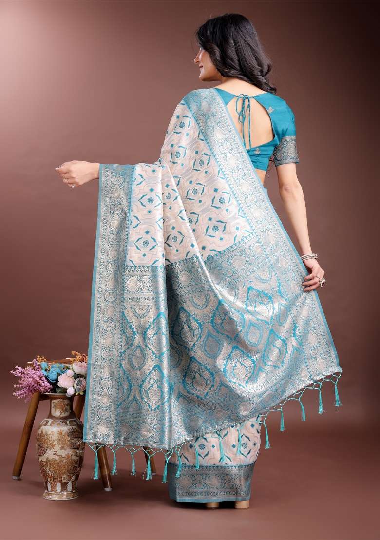 Sea Green Woven Zari Work Linen Cotton Saree Set - Indya