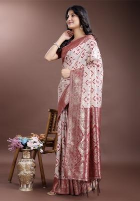 Red Woven Zari Work Linen Cotton Saree Set