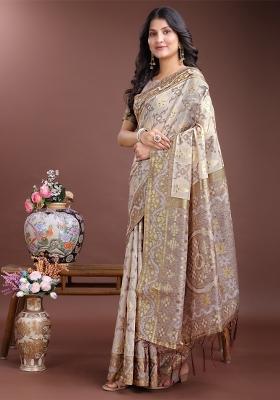 Brown Woven Zari Work Linen Cotton Saree Set