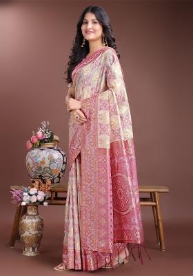 Pink Woven Zari Work Linen Cotton Saree Set