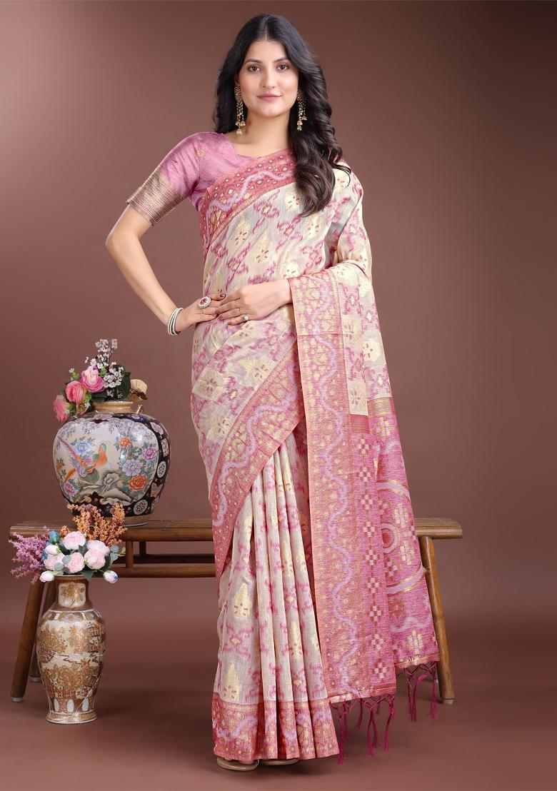 Pink Woven Zari Work Linen Cotton Saree Set