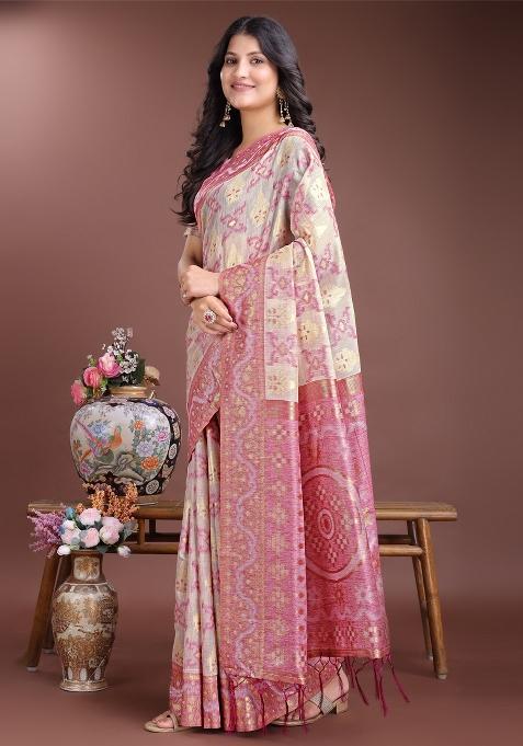 Pink Woven Zari Work Linen Cotton Saree Set