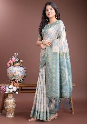 Sea Green Woven Zari Work Linen Cotton Saree Set