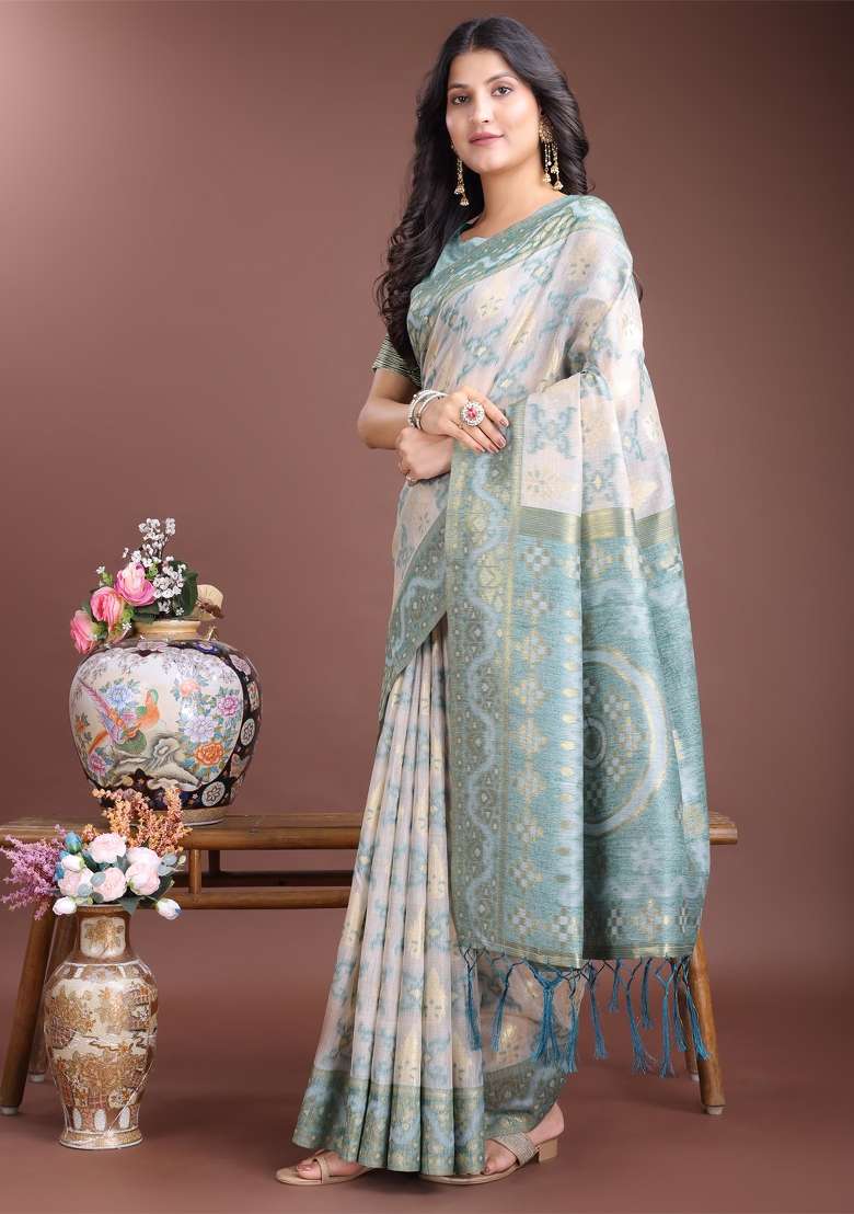 Sea Green Woven Zari Work Linen Cotton Saree Set - Indya