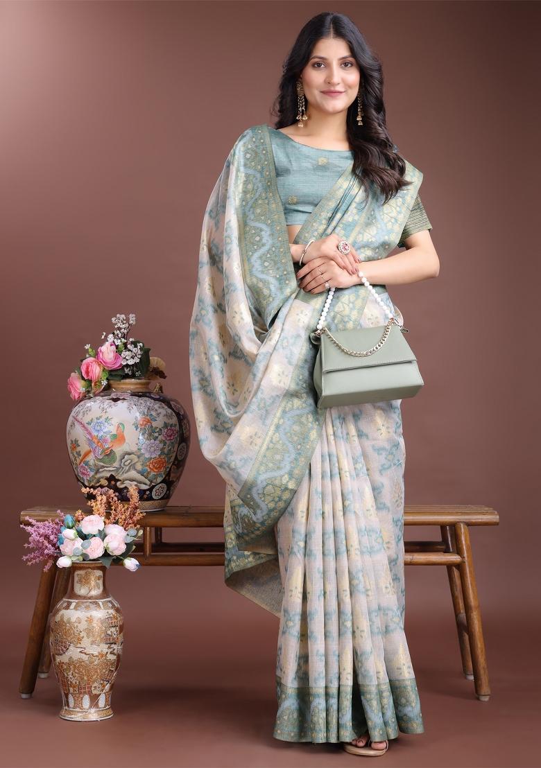 Sea Green Woven Zari Work Linen Cotton Saree Set