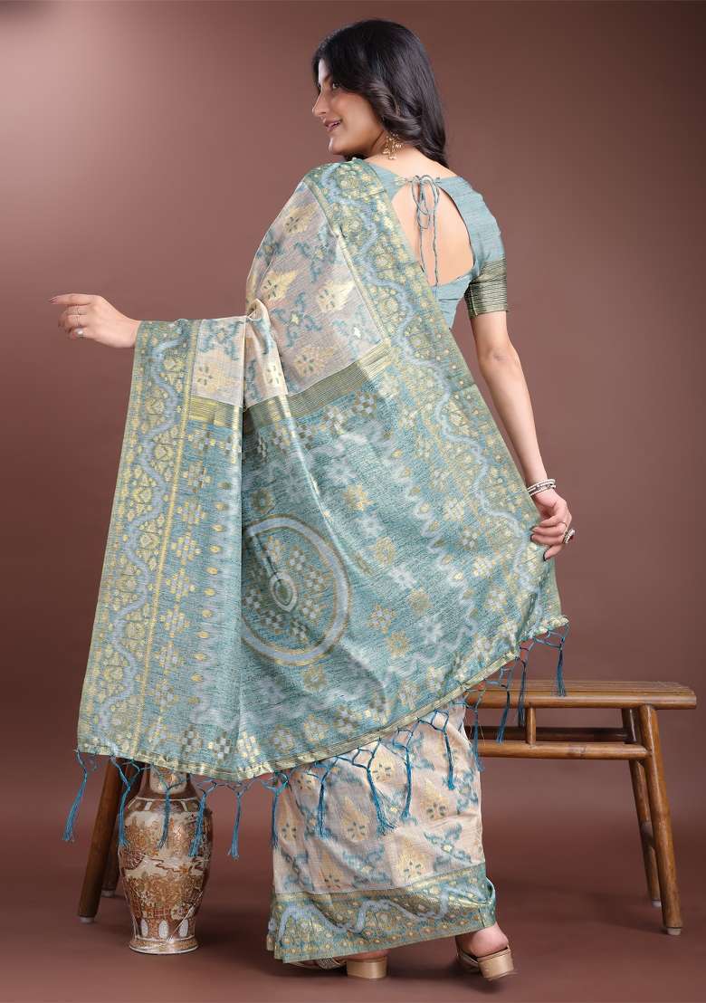 Sea Green Woven Zari Work Linen Cotton Saree Set - Indya