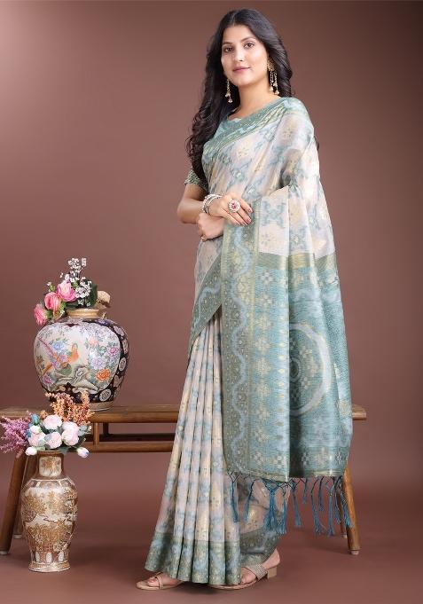 Sea Green Woven Zari Work Linen Cotton Saree Set