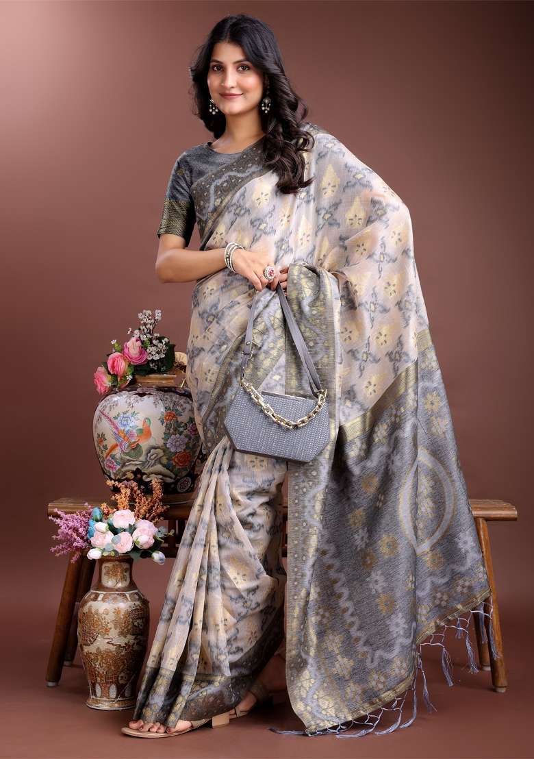 Grey Woven Zari Work Linen Cotton Saree Set - Indya